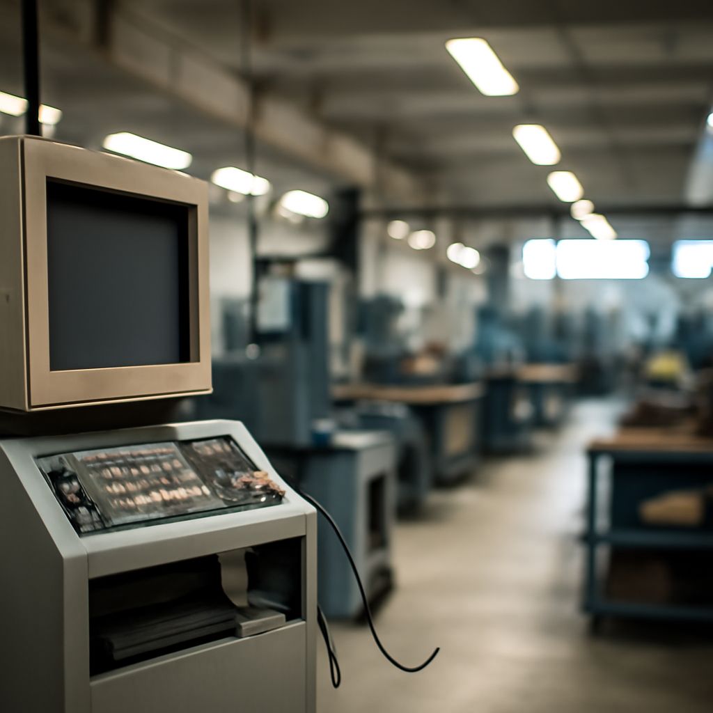 Industrial facility interior with equipment and computer workstations.