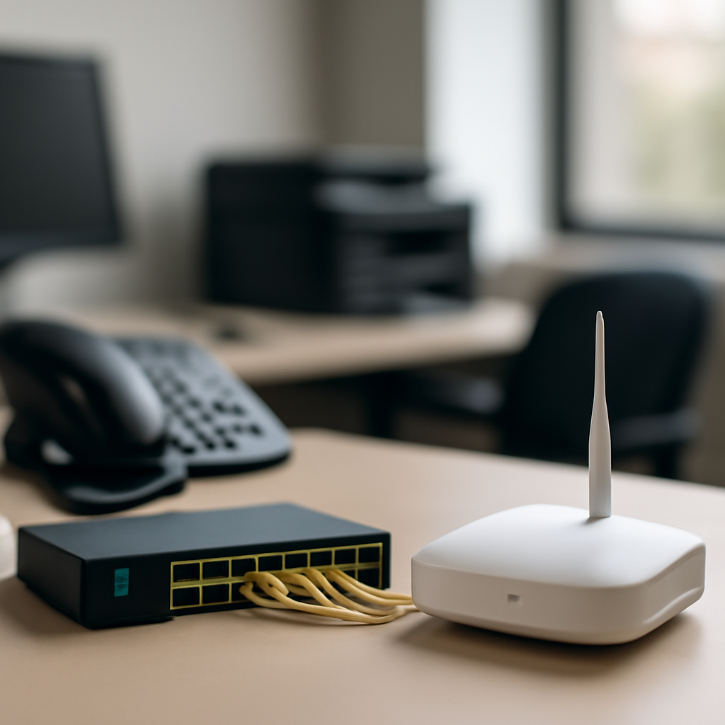 Office network setup with Wi-Fi access point and Ethernet switch on a table surrounded by generic office equipment.