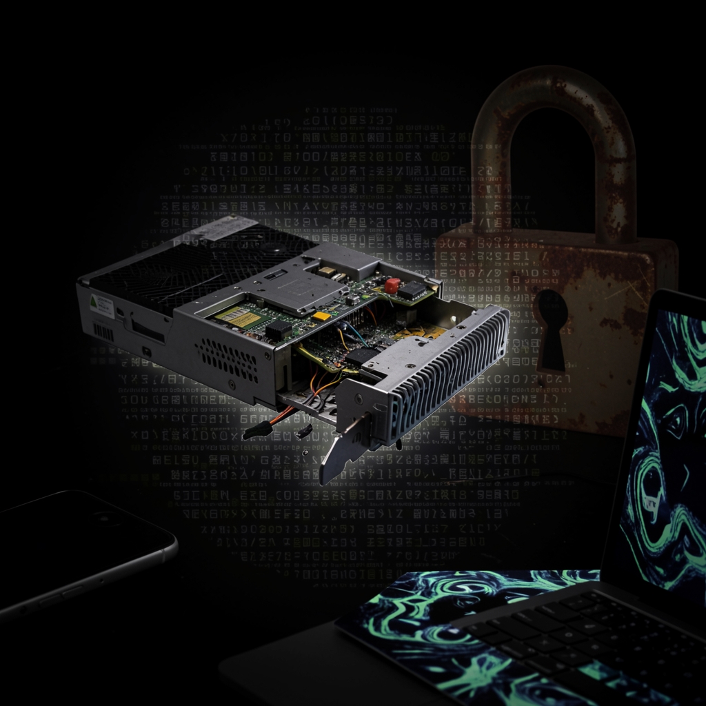 Shattered router with exposed internal components surrounded by glowing code and a partially unlocked padlock.