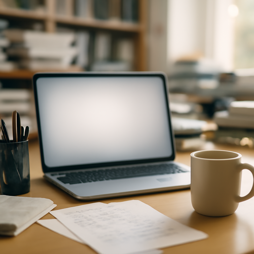 Cluttered desk with laptop, papers, and office supplies, cup of coffee in sharp focus.