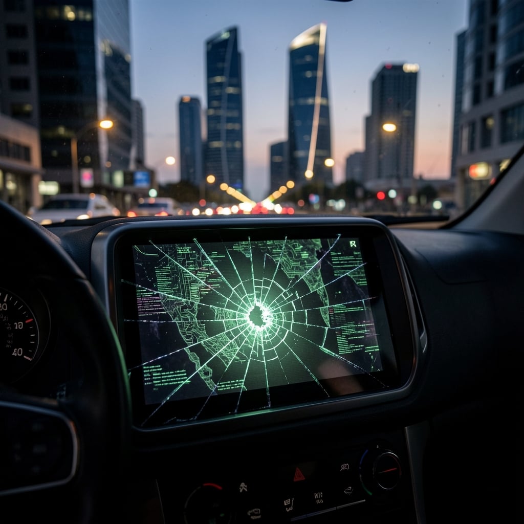 Vehicle dashboard with cracked, glitchy screen displaying distorted map, set against blurred cityscape at dusk with ominous…