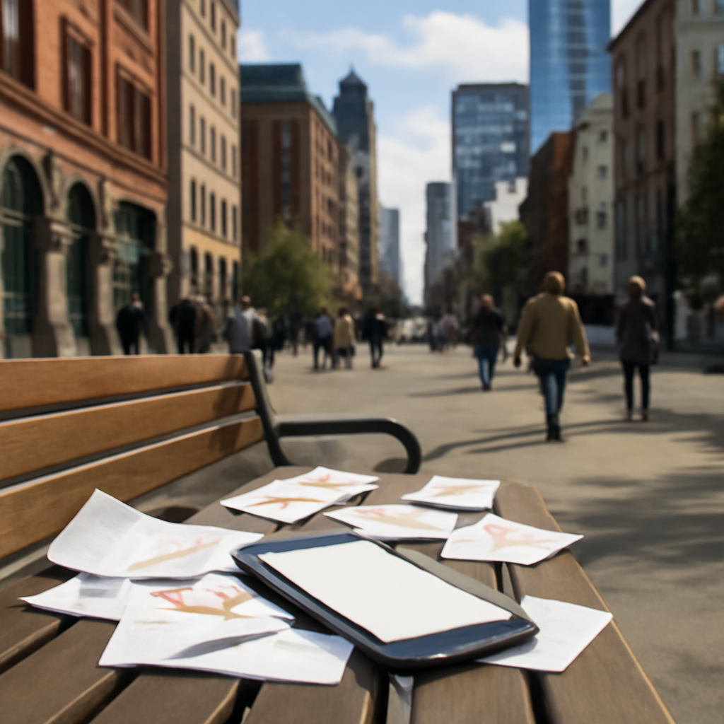 Smartphone lies on a park bench surrounded by scattered papers and app icons, with a city street in the background.