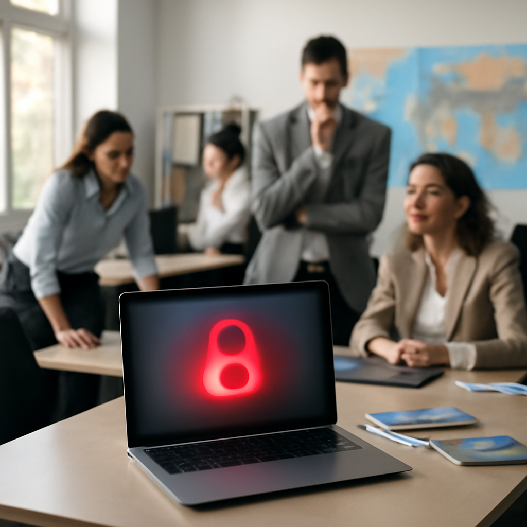 Travel agency office with laptop showing subtle cyber threat signs.