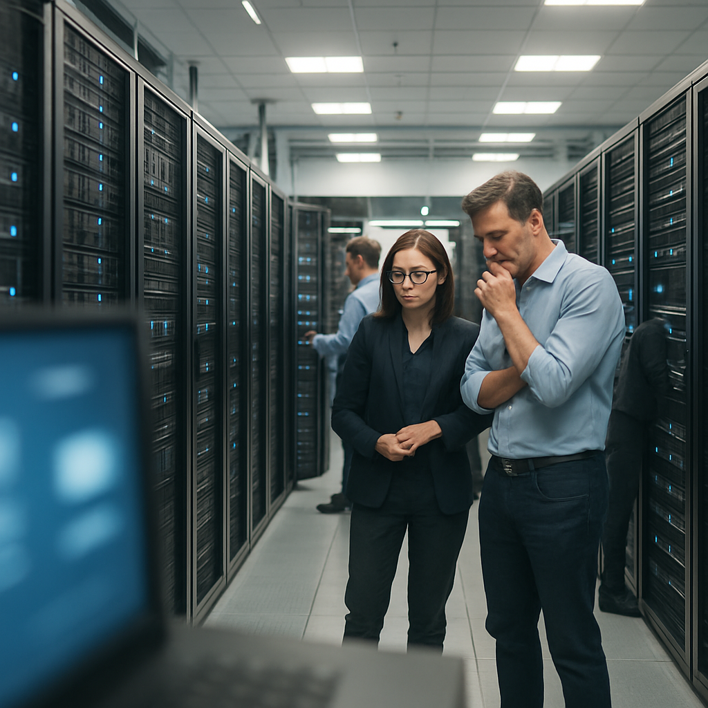 Technicians inspect servers in a secure data center with a concerned expression.