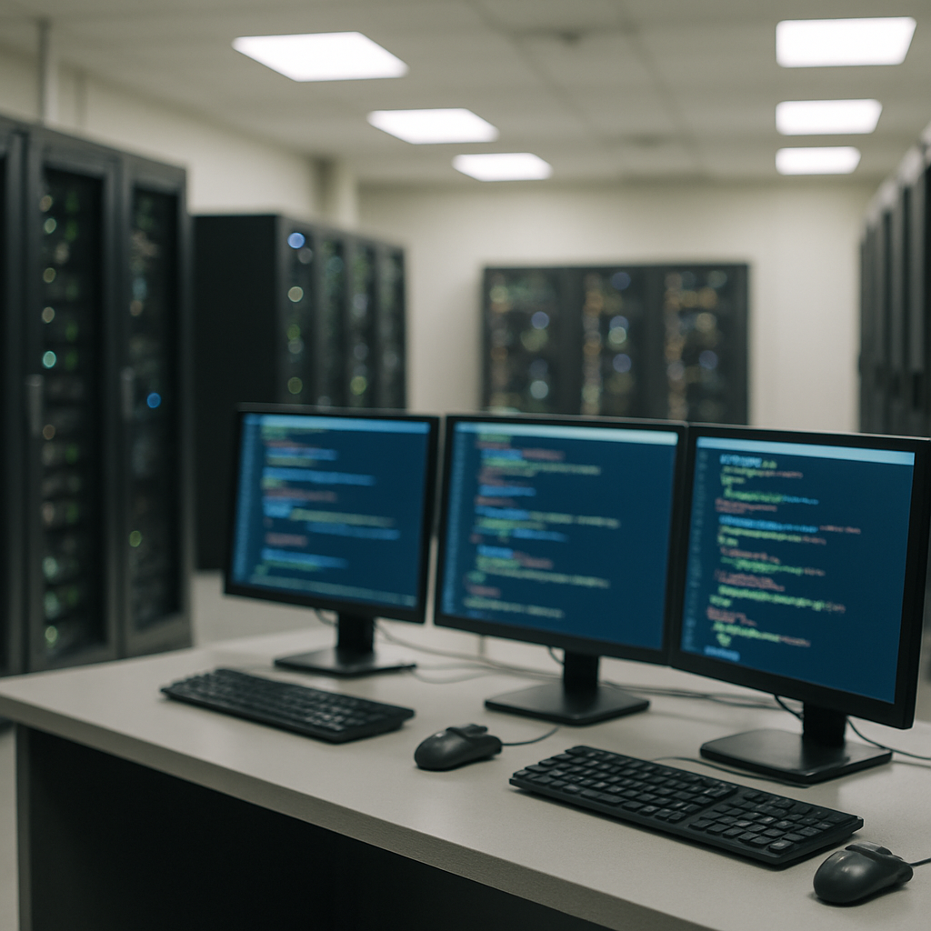 Rows of computer servers and coding workstations in a brightly-lit, neutral-colored software development environment.