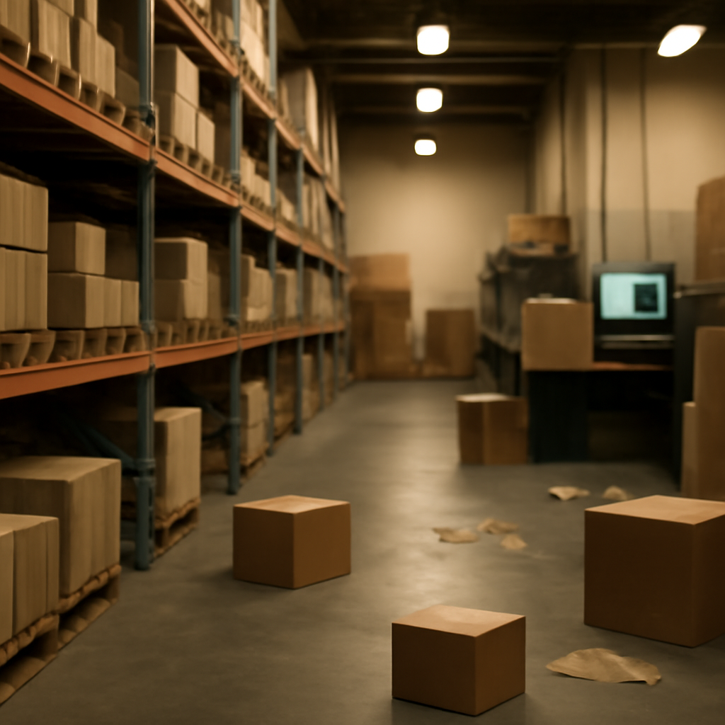 Rows of shelving and boxes in a dimly lit warehouse with scattered shipping materials and a blurred computer workstation in…