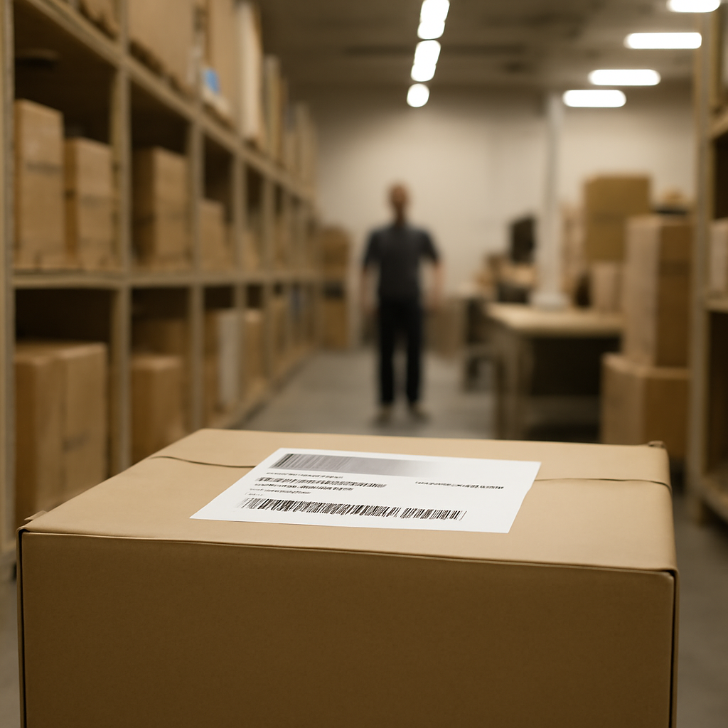 Rows of shelving and boxes in a warehouse with a shipping label in focus.