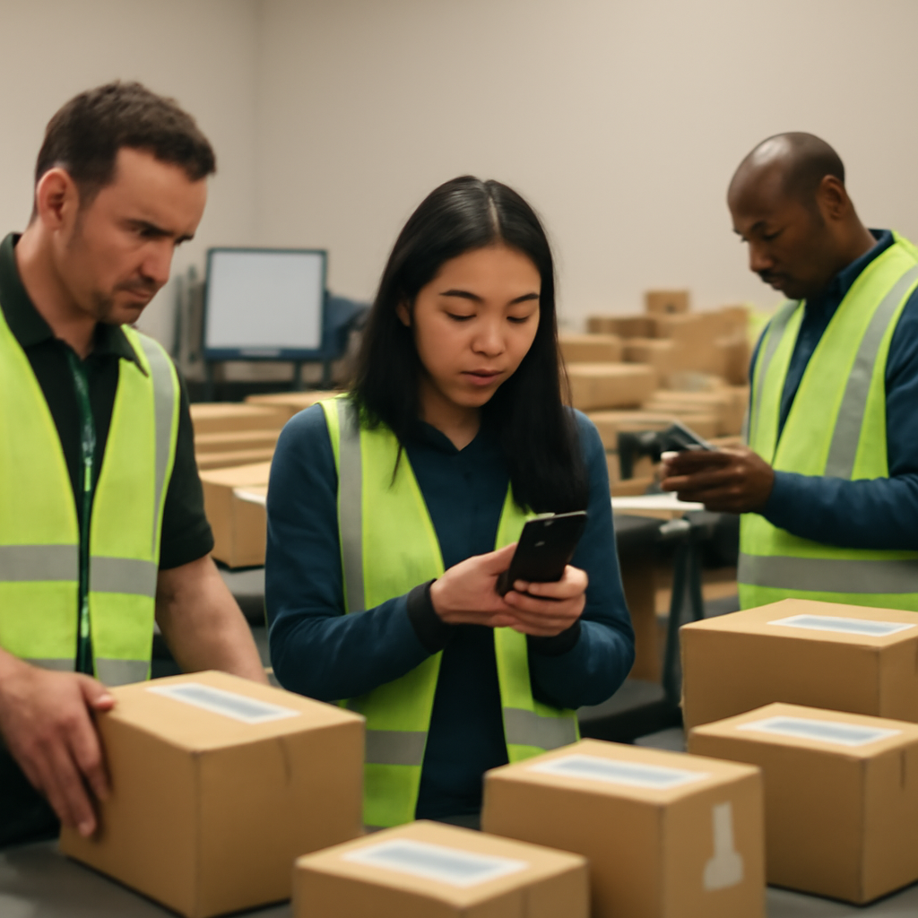Workers handle packages in a brightly-lit logistics facility with rows of boxes and a computer terminal in the background.
