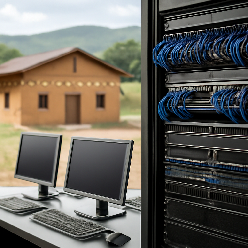 Rural tribal community center with modern network infrastructure setup.