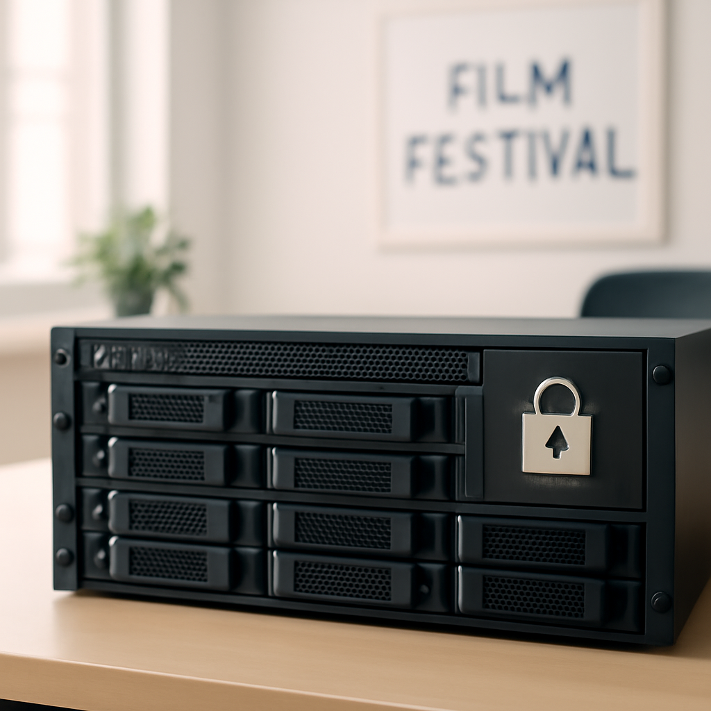 Server equipment sits in a brightly-lit office, symbolizing data security.