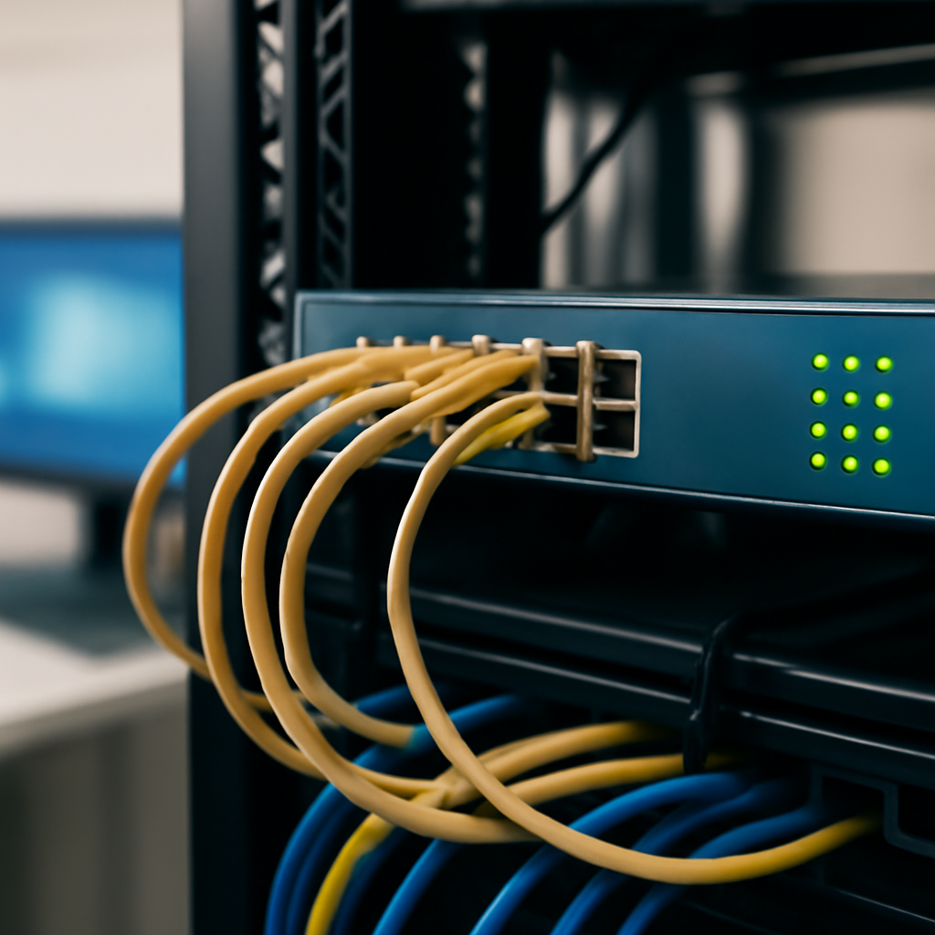 Network equipment on a rack with a blurred, abstract representation of a threat in the background.