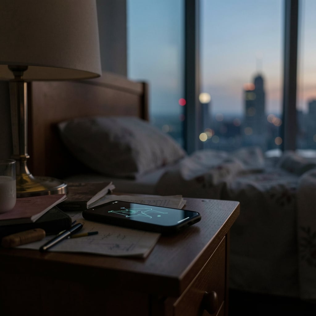 Dimly lit smartphone screen on a cluttered nightstand shows a faint, abstract pattern, with a cityscape at dusk visible…
