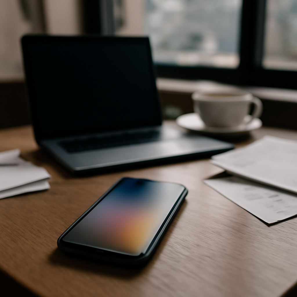 Smartphone on cluttered cafe table with blurred screen and cityscape background.