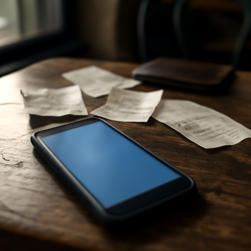 Smartphone on cluttered cafe table with blurred screen and scattered receipts.