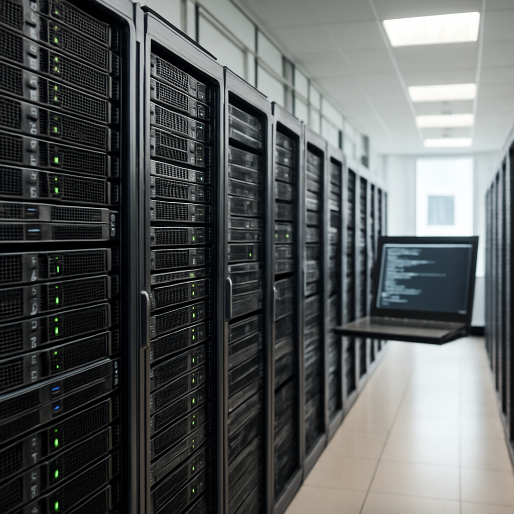 Rows of computer servers and storage equipment in a brightly-lit server room.
