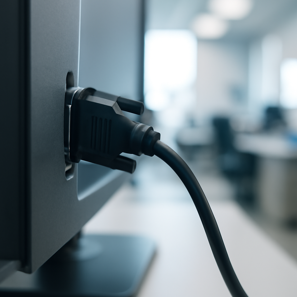 Close-up of a video cable connected to a monitor with blurred background.