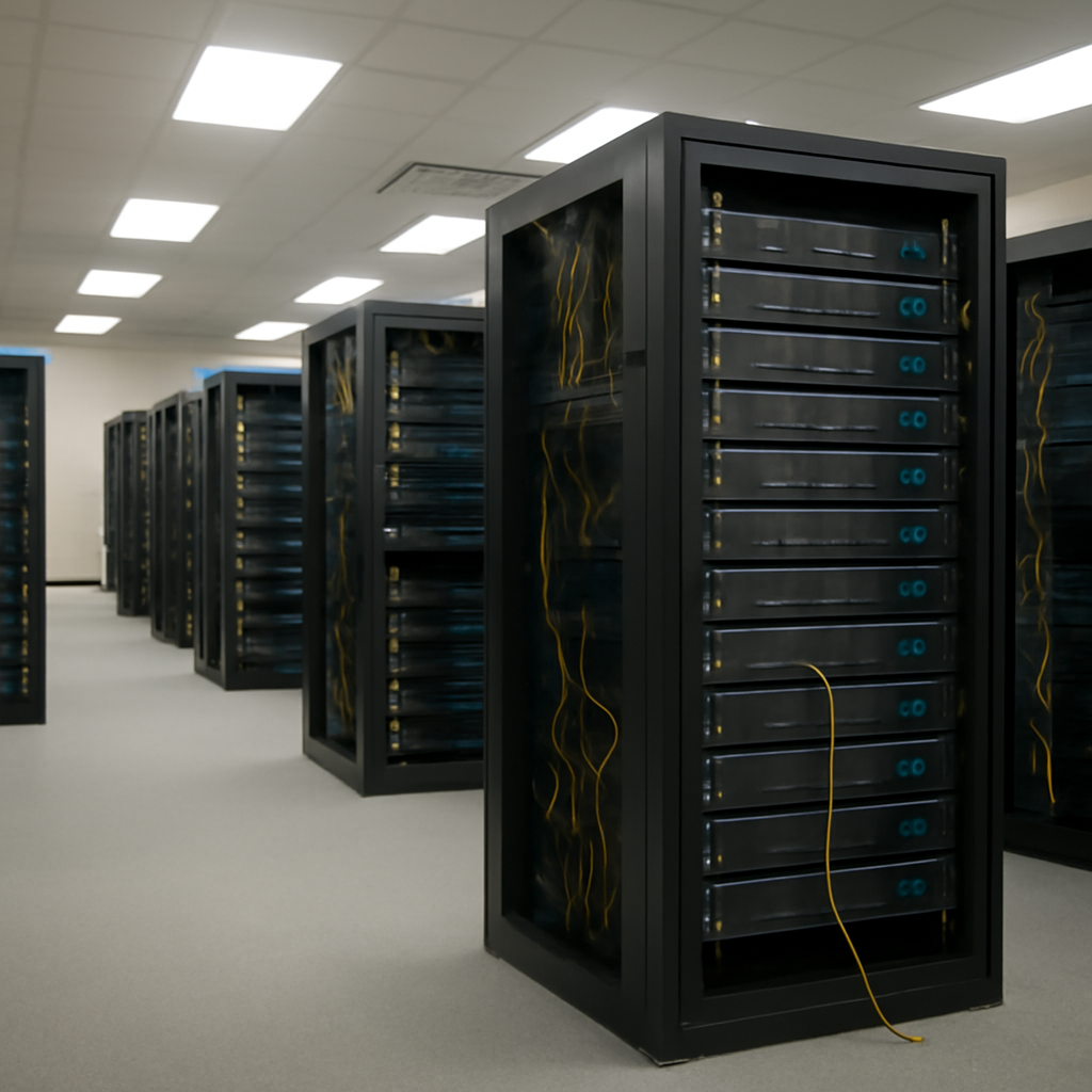Rack-mounted servers and cables in a brightly-lit server room, with one isolated rack showing subtle signs of tampering.