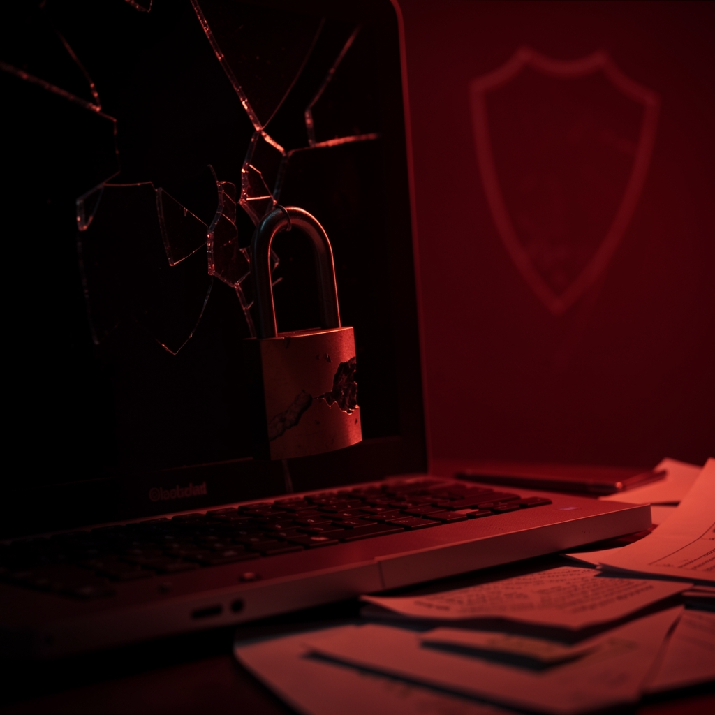 Broken padlock on a laptop screen amidst shattered glass and scattered papers, with a shield outline in the shadows.