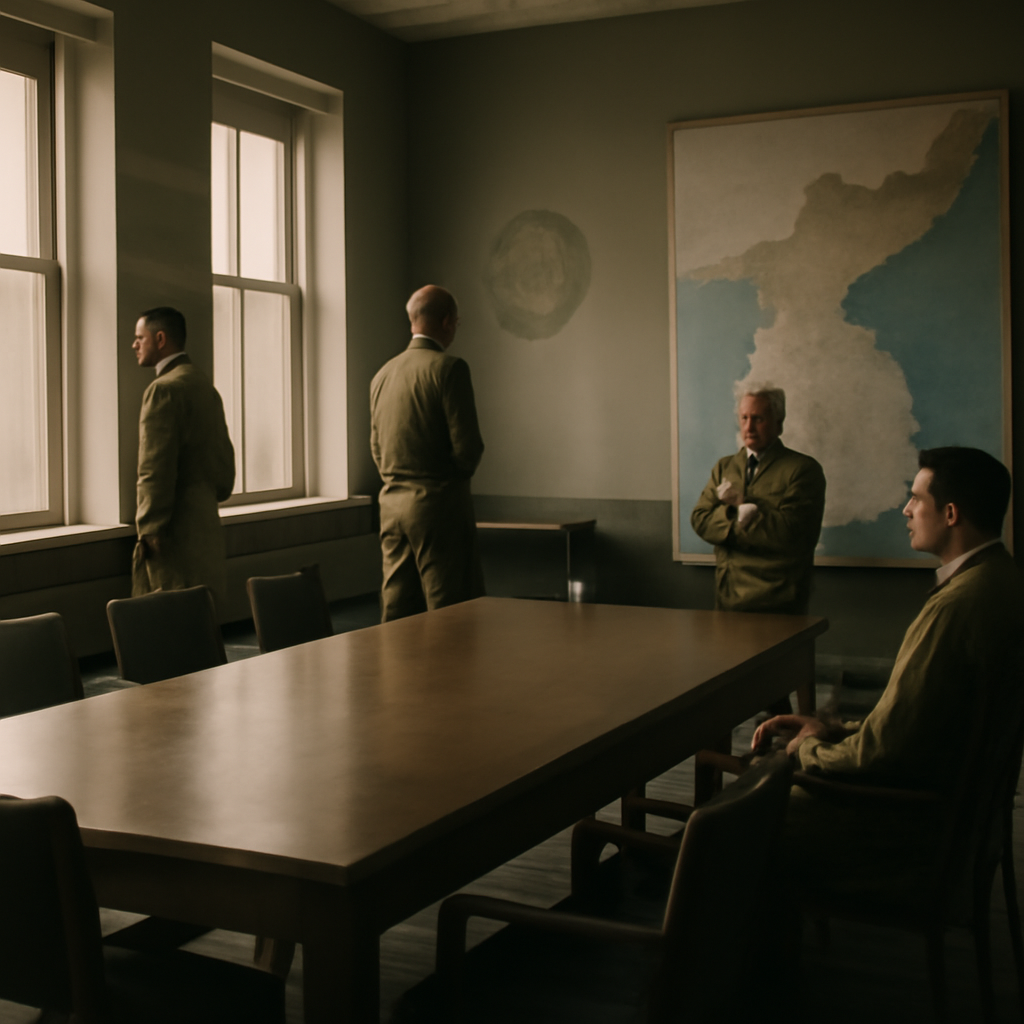 Military briefing room with personnel and Korean Peninsula map on wall.