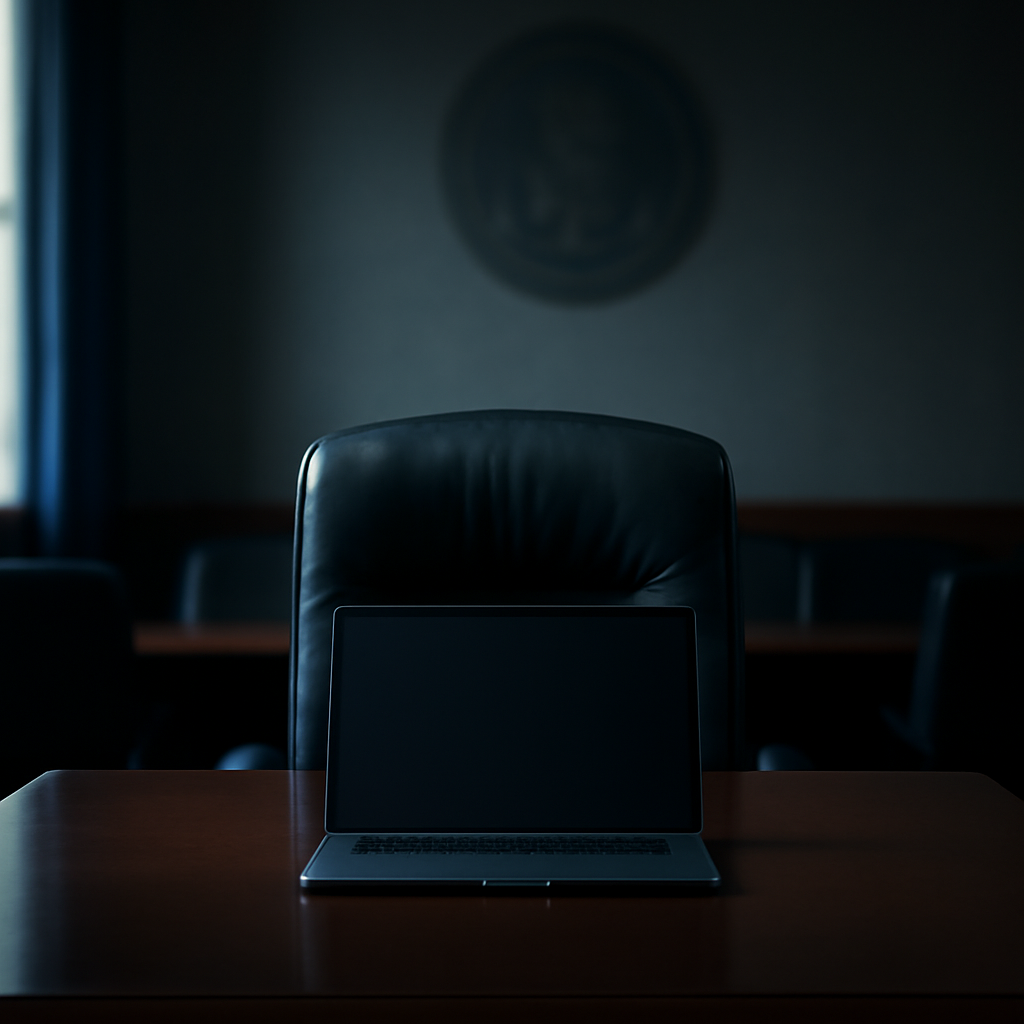 A dimly lit conference room with an empty chair at a polished table and a blank laptop screen.
