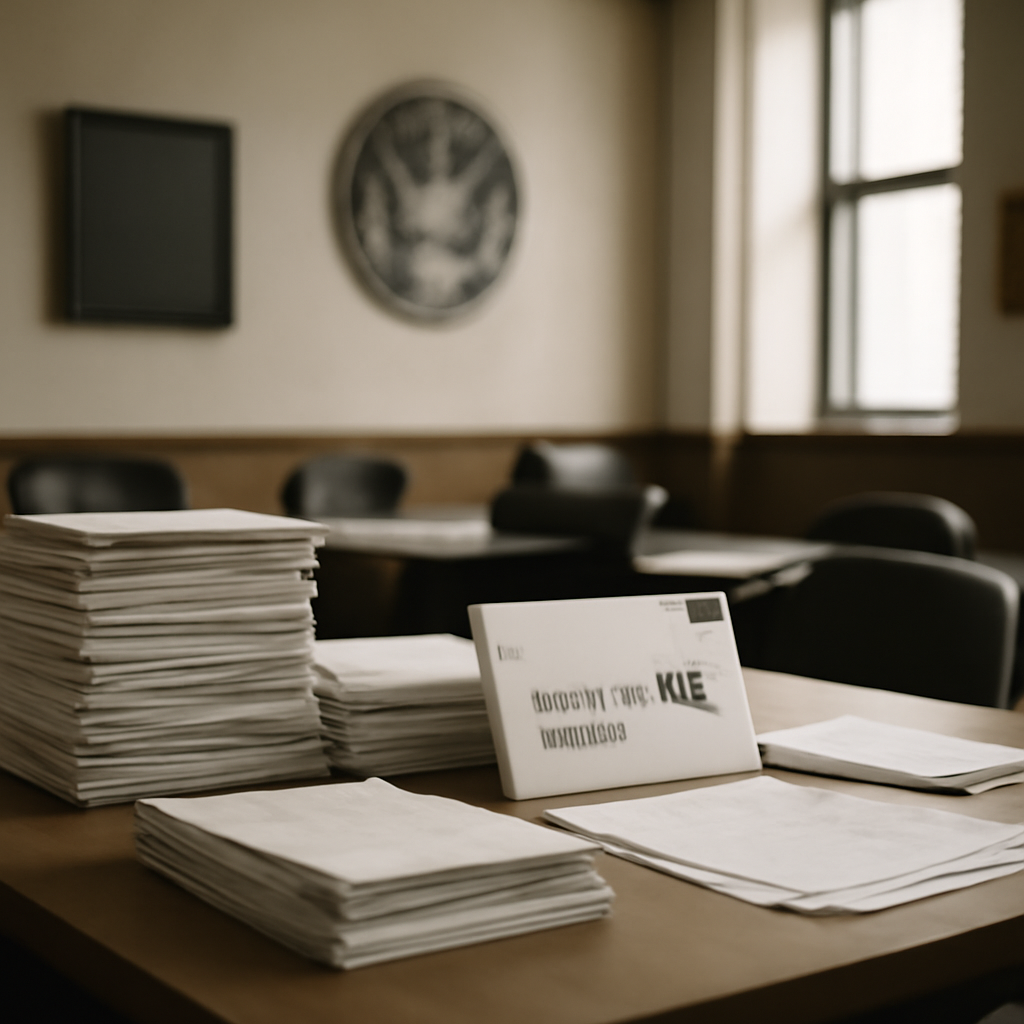 Stacks of voting-related documents on a table in an empty government conference room.