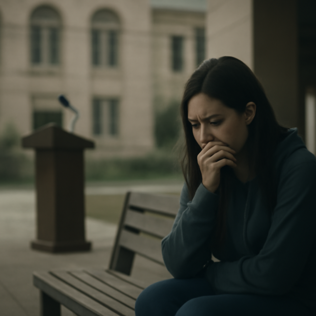 A lone student sits on a bench, conveying a sense of fear and self-censorship on a quiet college campus.