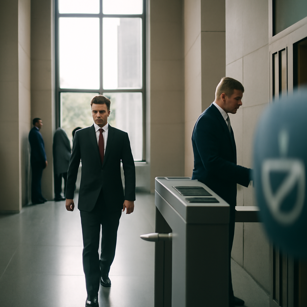 Government officials gather in a secure facility with modern technology and large windows.