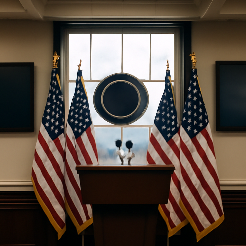 Government briefing room with podium and American flags, cityscape visible outside window.