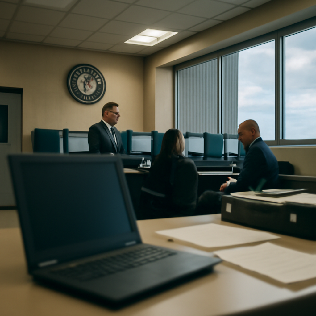 Secure government facility interior with personnel monitoring consoles and a large window overlooking a daytime sky.