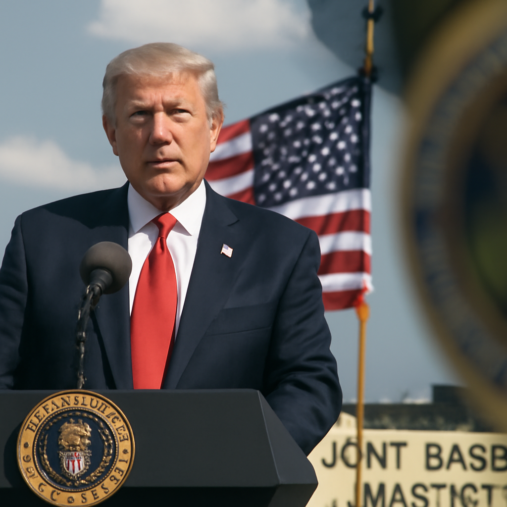 President Trump speaks at a podium with the American flag behind him at Joint Base Andrews.