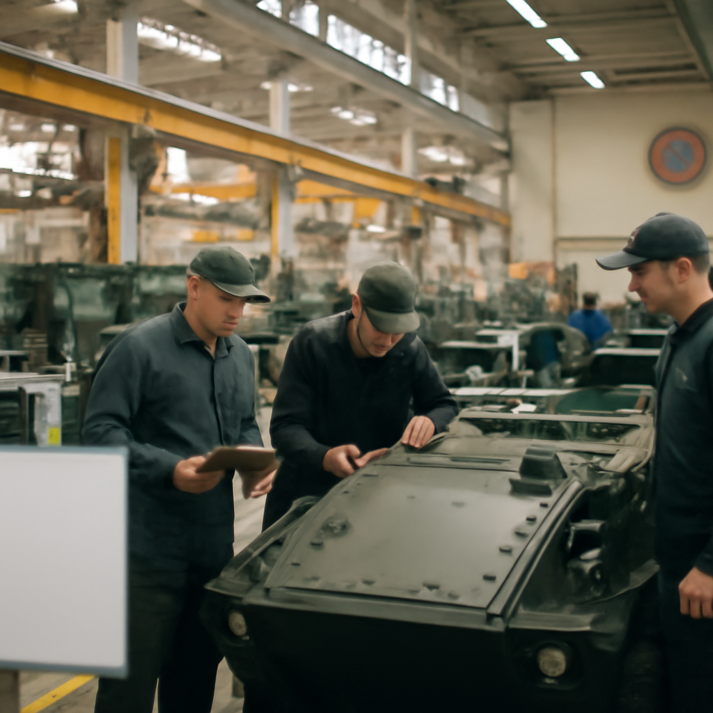 Workers in a brightly-lit manufacturing facility assemble defense equipment.