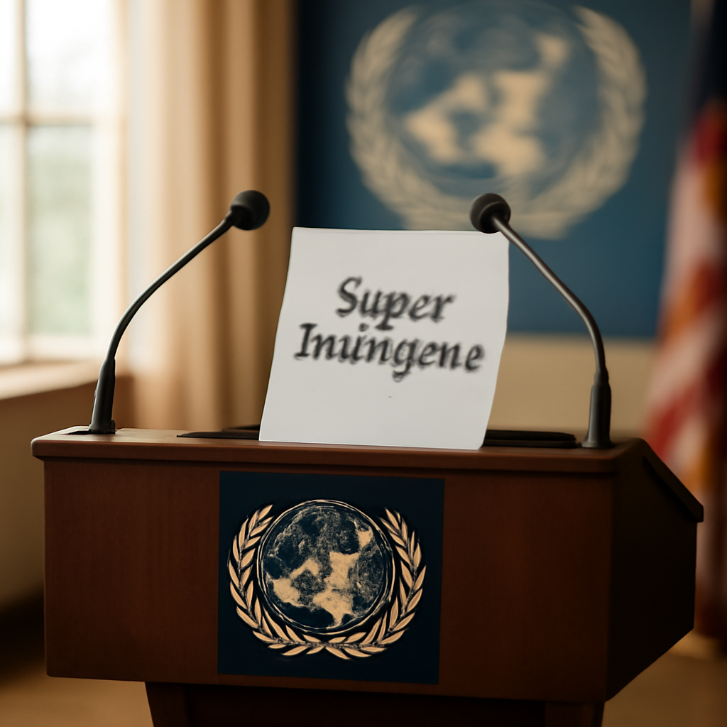 Empty podium in a UN conference room with a lectern holding a paper labeled Super Intelligence.
