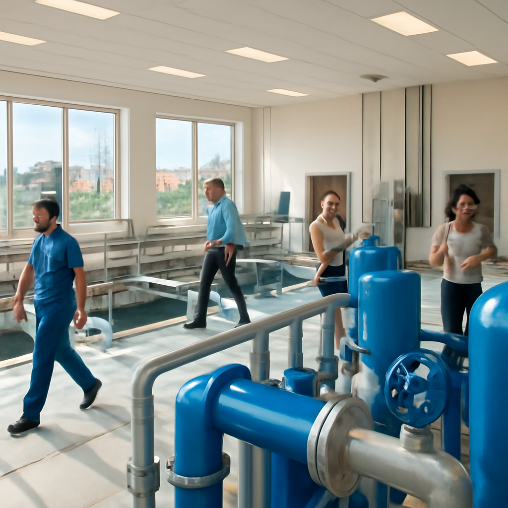 Municipal water treatment plant interior with city skyline, staff working in background.
