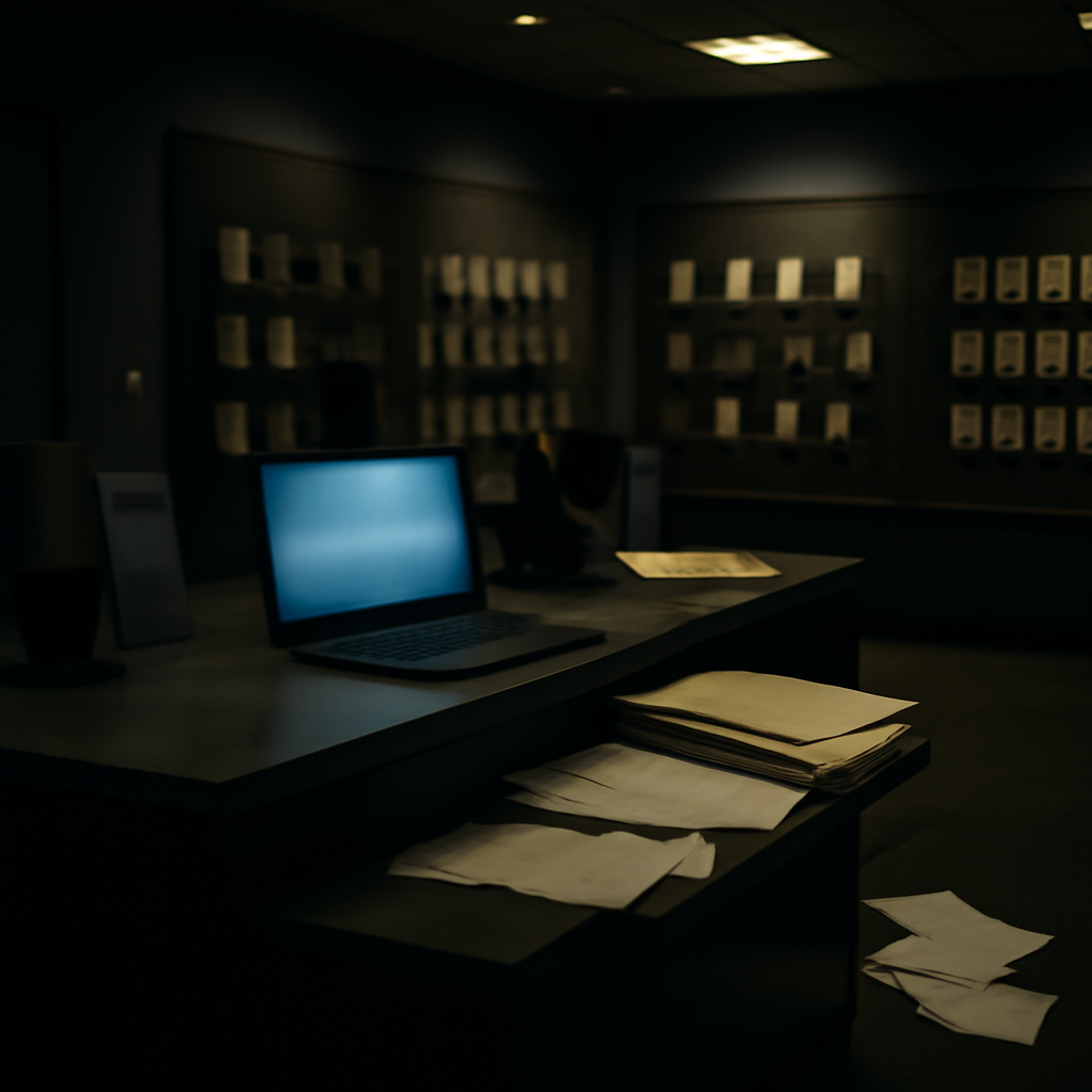 Retail store counter with scattered customer service materials, devices, and papers.