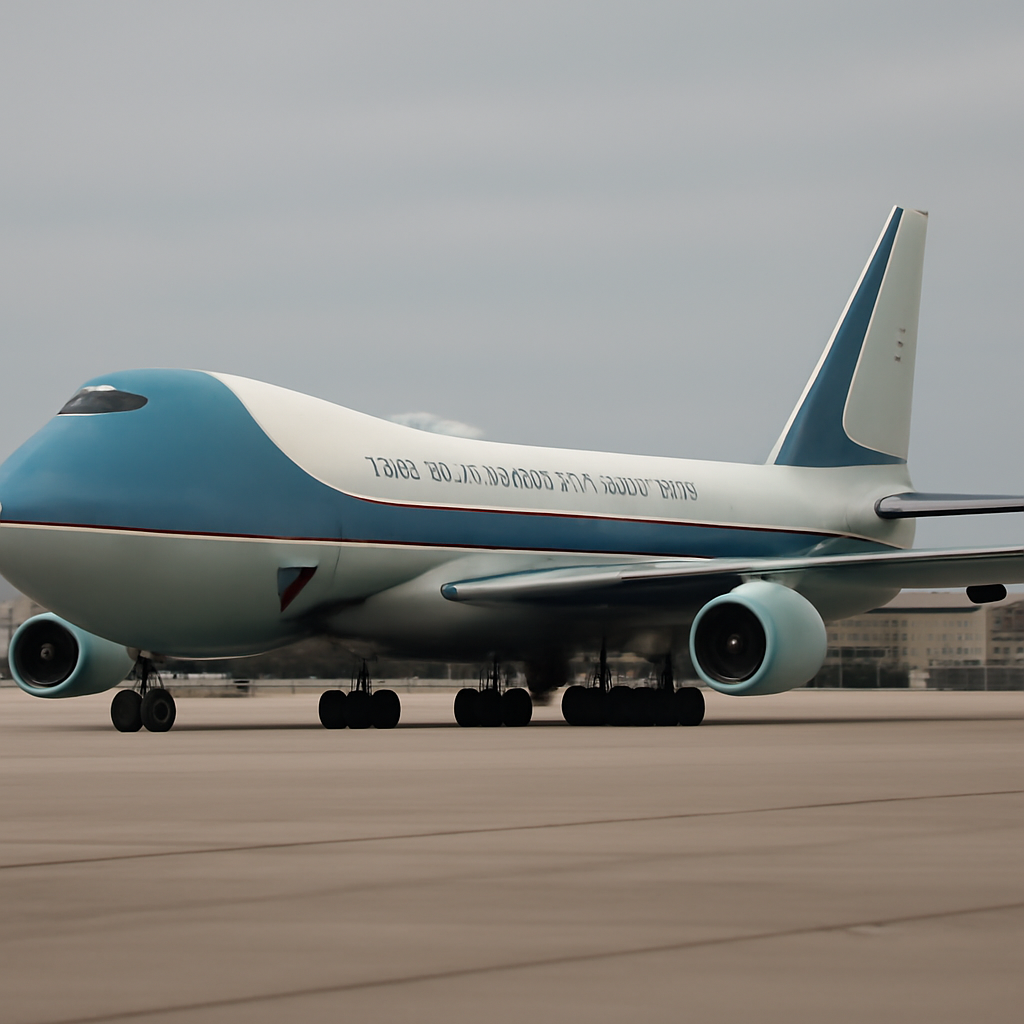 Older presidential jet sits on tarmac with support vehicles in background.