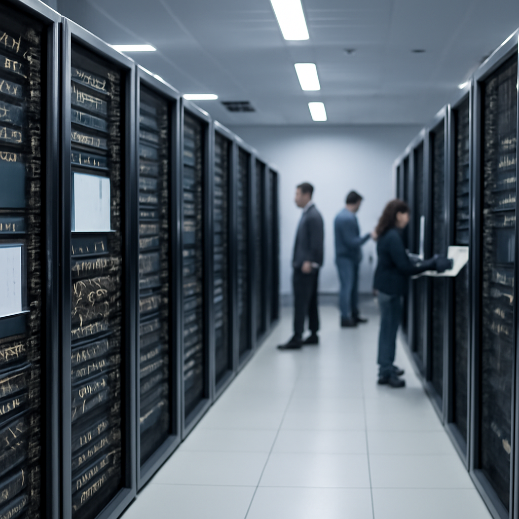 Secure server room with rows of computer servers and networking equipment.
