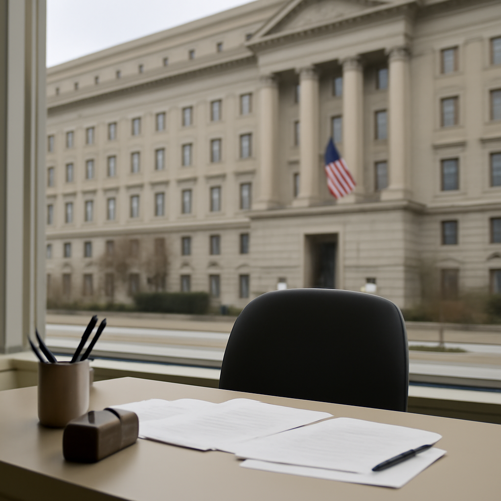 Federal office workspace with papers, chair, and supplies, set against a government building backdrop.