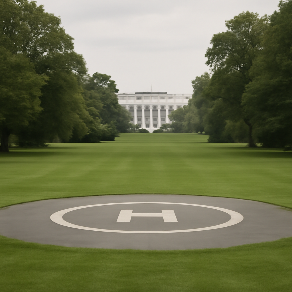 White House South Lawn with existing helipad and building in background.