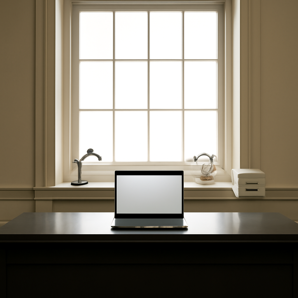 A sleek, minimalist desk with a blank laptop screen sits in front of a grid-patterned window in a formal, institutional…