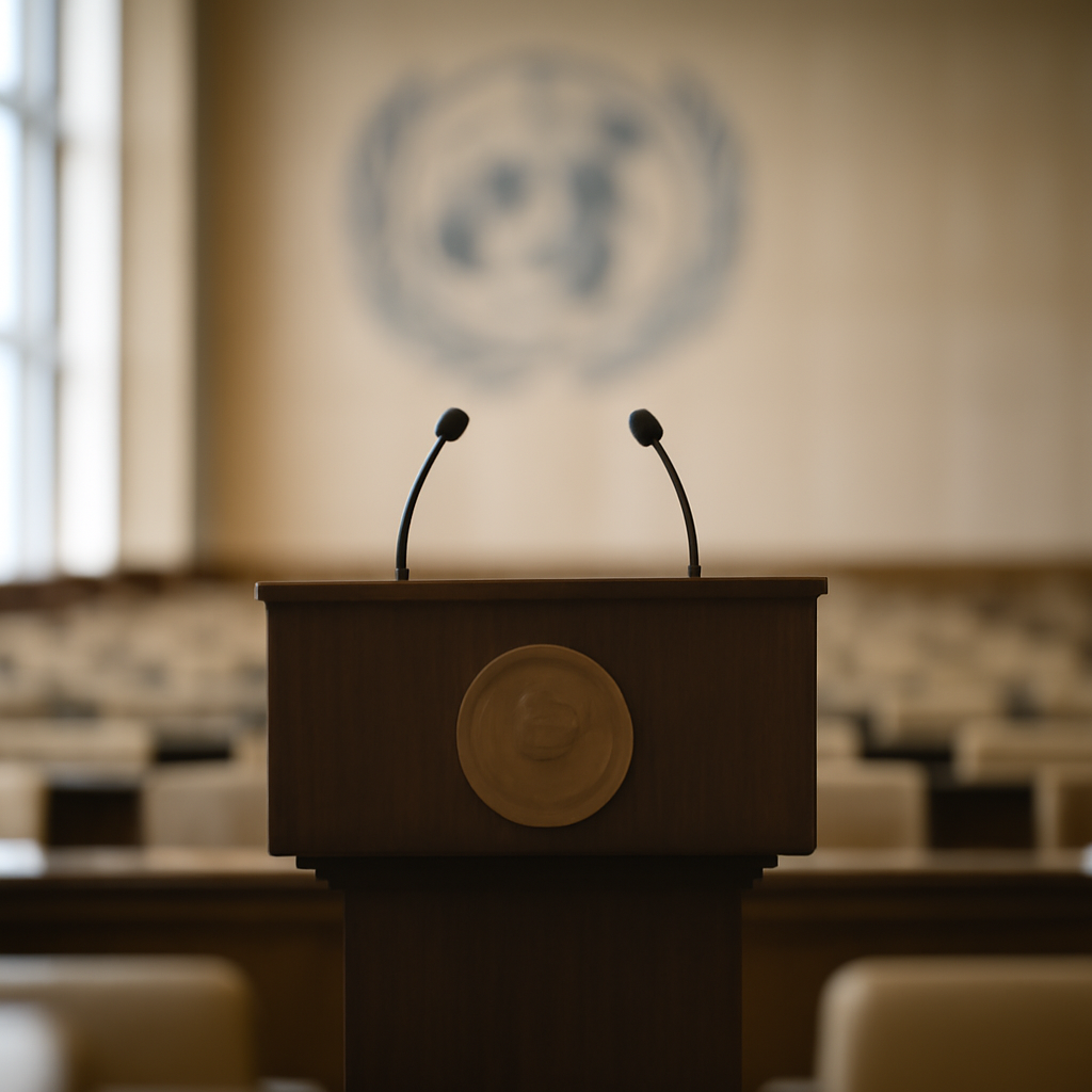 Formal podium in a brightly lit assembly hall with delegates' chairs and a blurred UN emblem in the background.