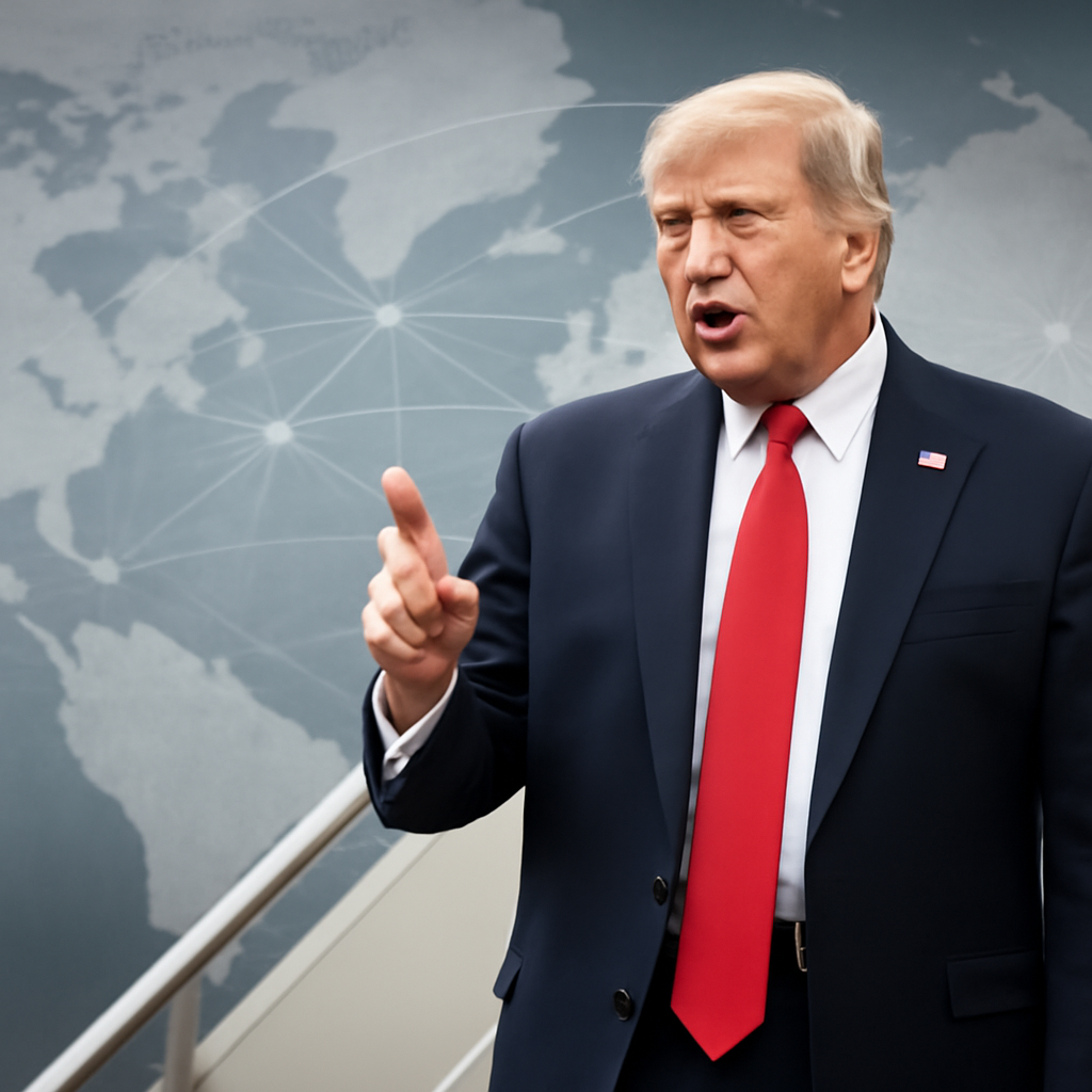 President Donald Trump stands on White House steps with subtle global map background.