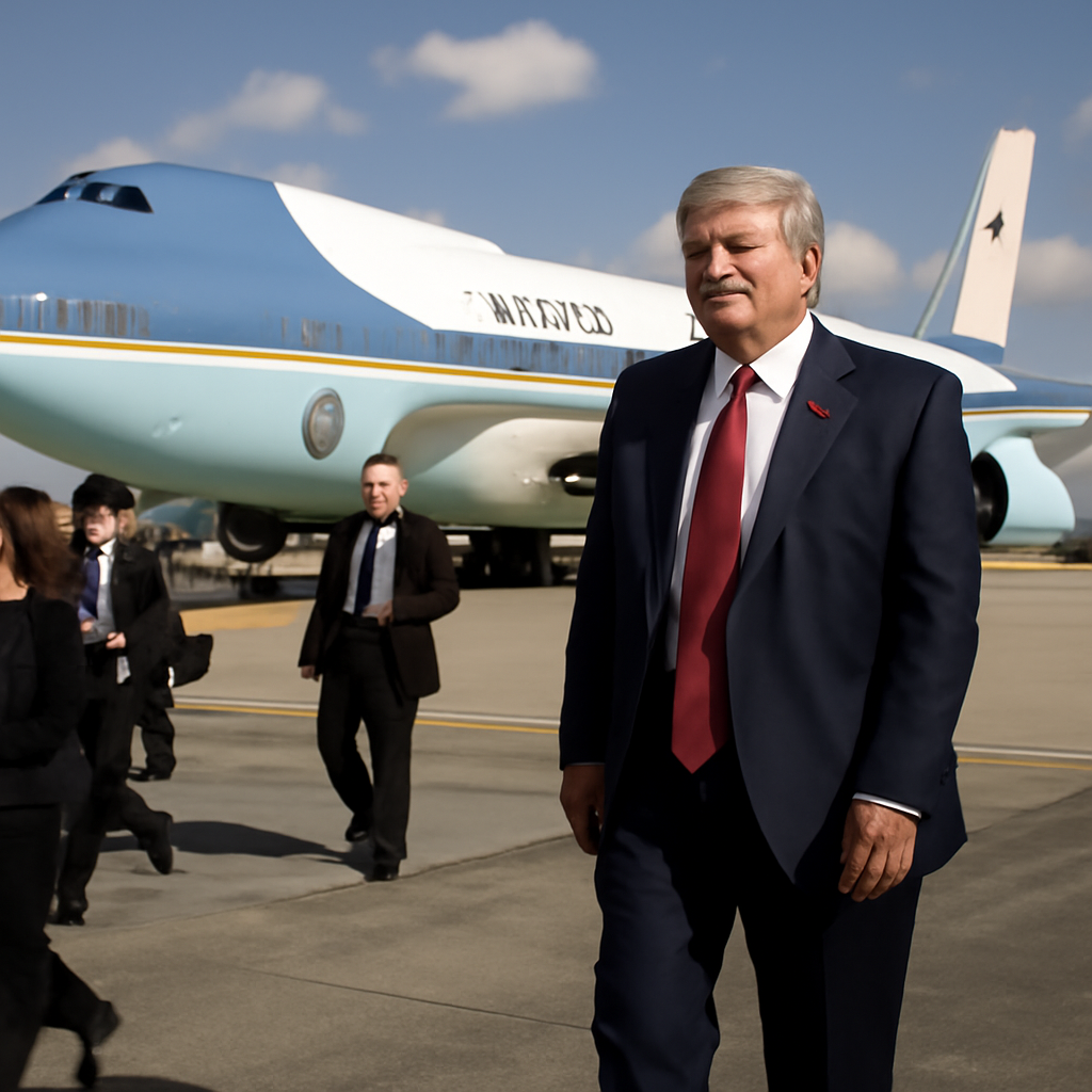 President Donald Trump walks towards Air Force One at Joint Base Andrews on a sunny day.