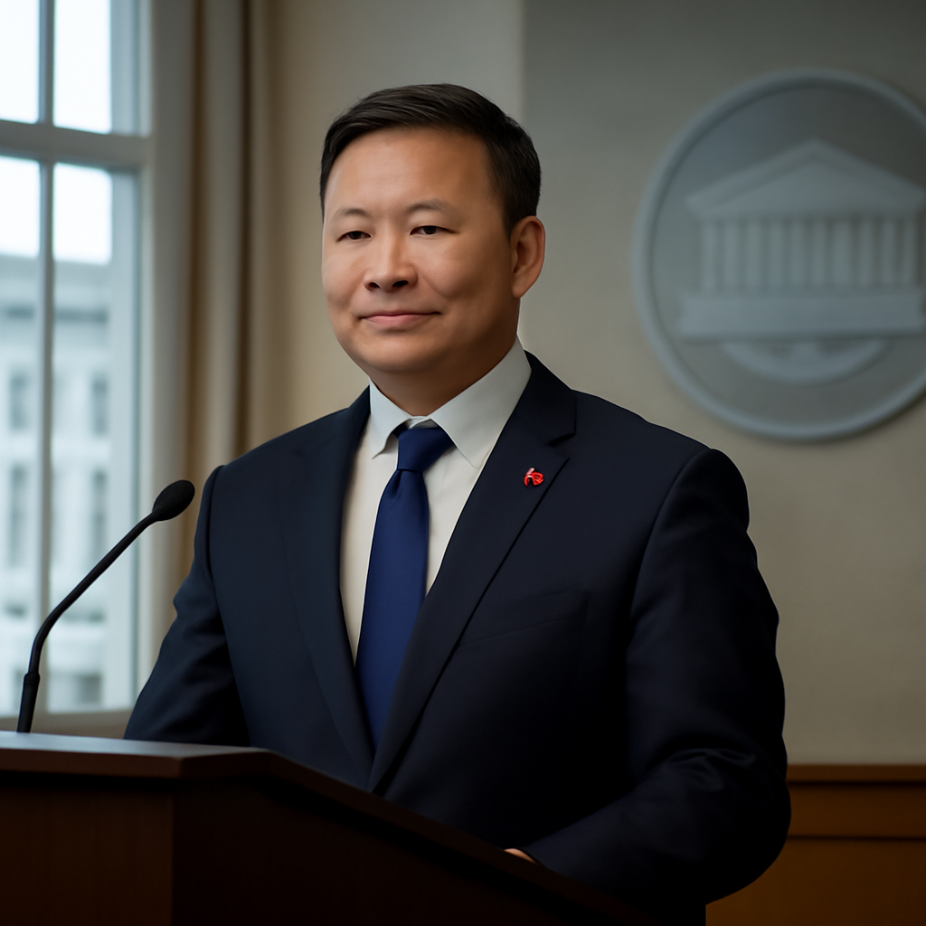A man in a formal suit stands confidently at a podium in a well-lit room with tall windows and a subtle emblem in the…