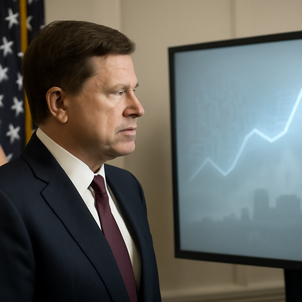 Person in government setting looks at large screen displaying AI-related graph.