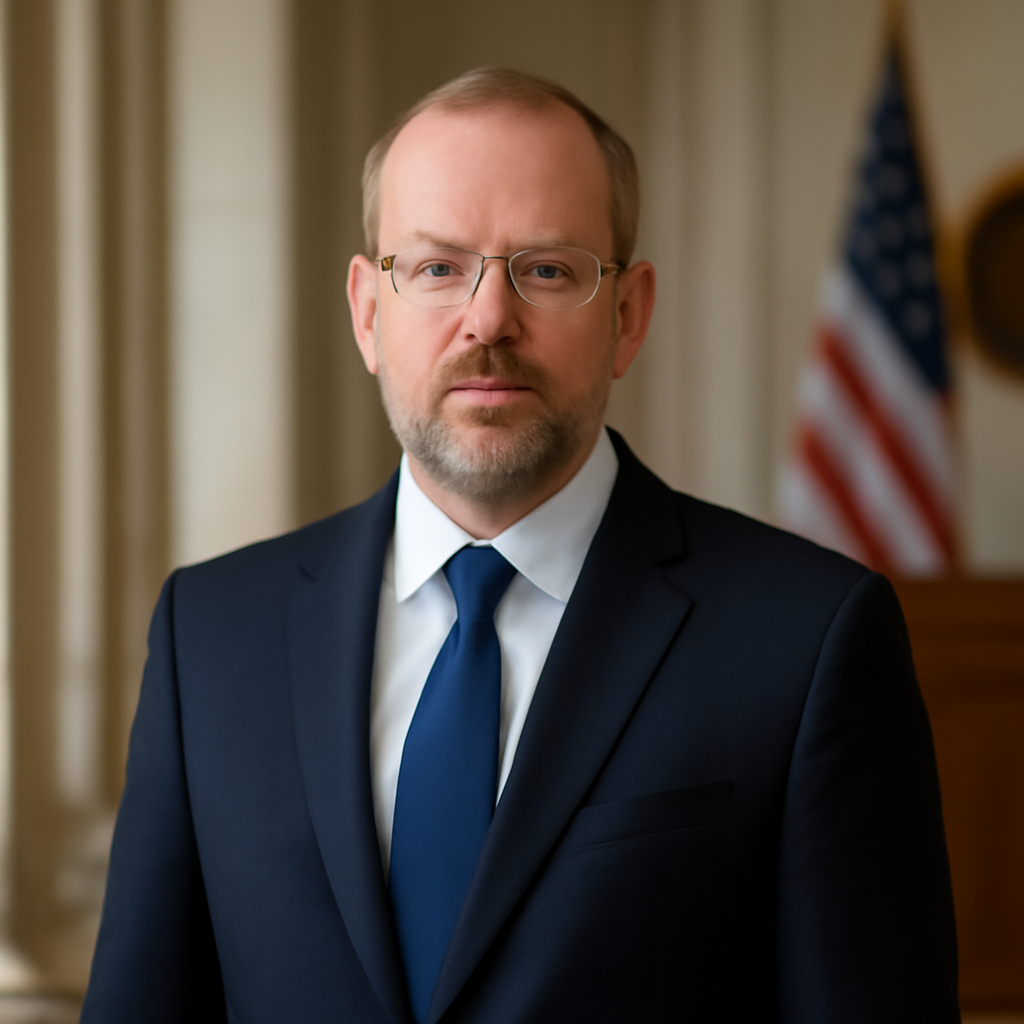 Suited man stands in formal government building hallway with subtle American flag in background.