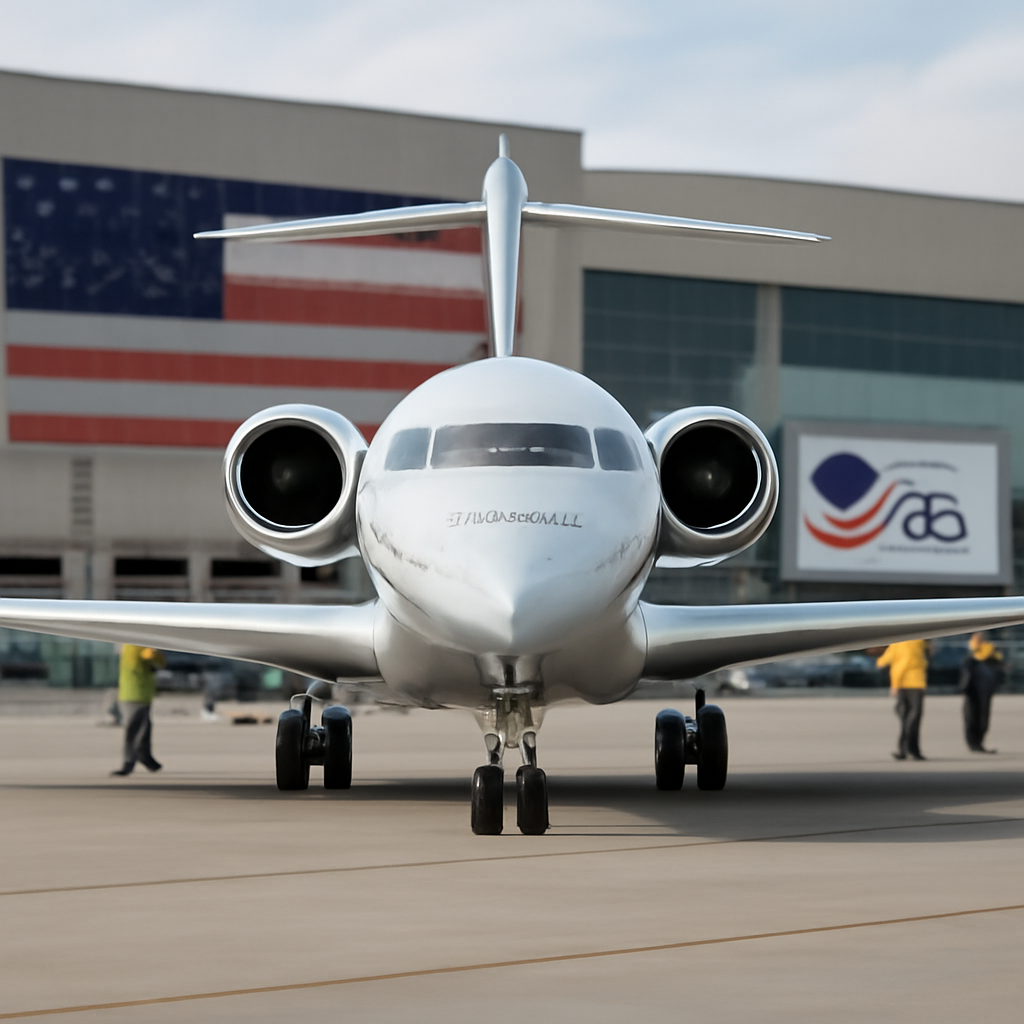 Bombardier jet on a US airport tarmac with American flag pattern in background.
