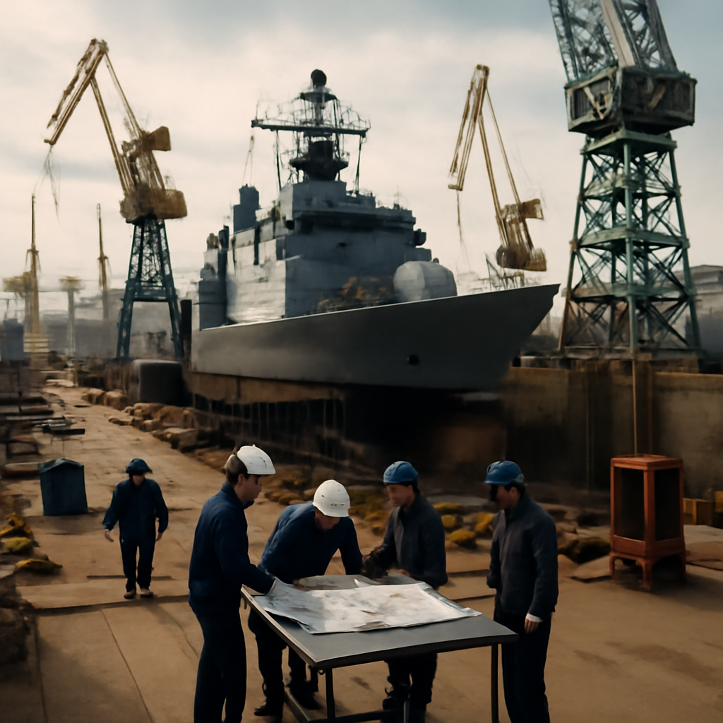 Naval shipyard with partially built vessel, cranes, and workers in hard hats.