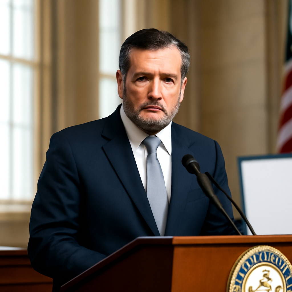 Senator Ted Cruz stands at a podium with a serious expression in a formal government setting.