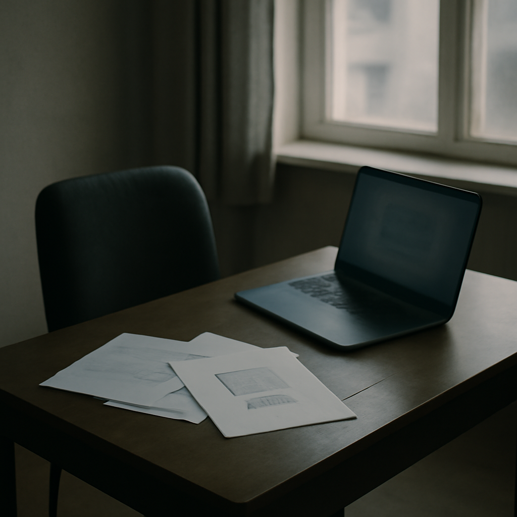 A quiet office setting with a desk, chair, laptop, and papers, and a window showing natural daylight in the background.