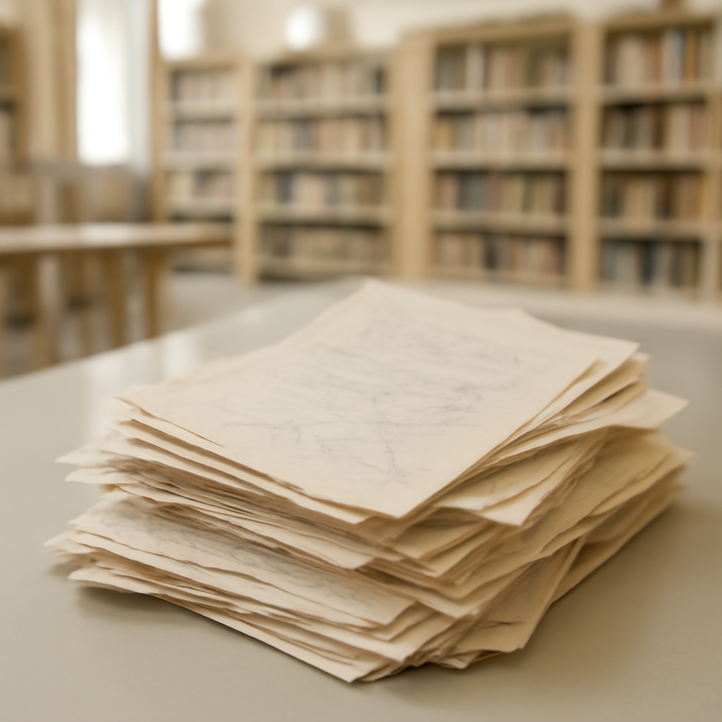 Stack of vintage papers with handwritten notes and diagrams on a formal archive room table.